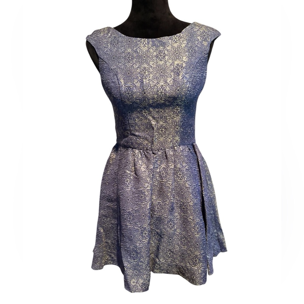 🤑Chi Chi London Womens Floral Metallic Skater Dress Blue Gold